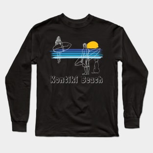 Kontiki Beach , Surfing Beach Surf Guy Girl with Dog Long Sleeve T-Shirt